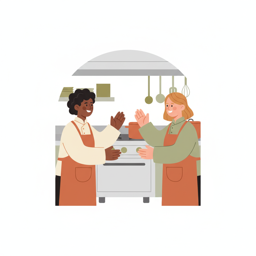 Two people greeting in a kitchen